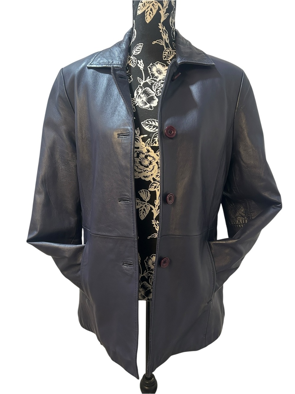Excelled Navy Blue Leather Jacket Minimalist Quilted Lining Women Medium M